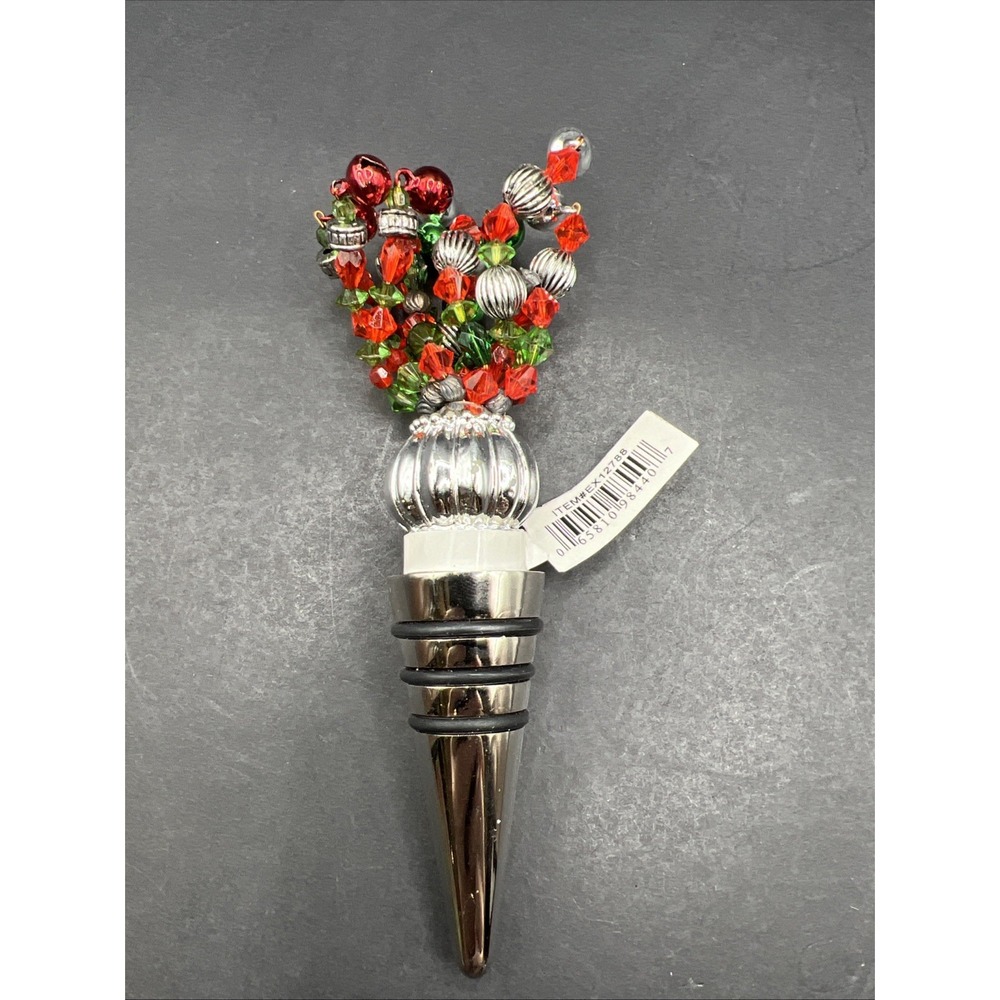 Ganz Holiday Bottle Stopper SS with Green Enamel Tree Tag Jingle Bells NWT